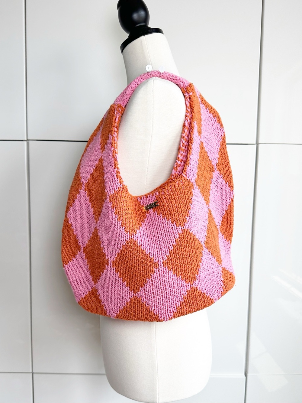 Kopari Checkered Knit Purse Pink Orange Argyle Harlequin Pattern Shoulder Bag